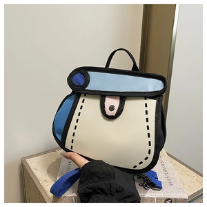 Close-up of 2D cartoon style crossbody bag with black outlines and metal chain detail