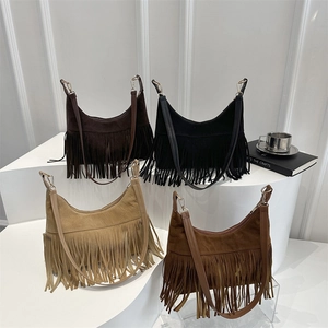 Women Bohemian Faux Suede Fringe Shoulder Bag Vintage Tassel Hobo Bag Retro Solid Color Crescent Crossbody Bag For Daily Use
