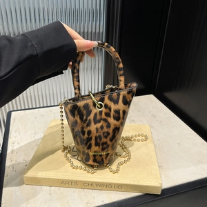 Mini Bucket Shoulder Bag For Women PU Leather Crocodile Embossed Leopard Print With Metal Bead Chain Fashion Crossbody