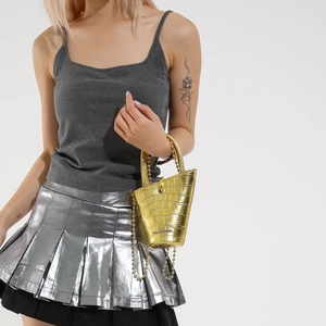 Mini gold crocodile pattern crossbody bucket bag with chain strap and fashion logo