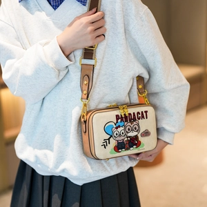 Japanese style cartoon cat crossbody square bag with wide strap and cream leather finish