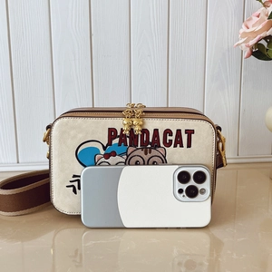 Cute beige camera bag with cartoon cat embroidery and bear zipper pullers for women