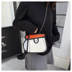 Close-up of 2D cartoon style chain bag with black and white contrast and silver strap
