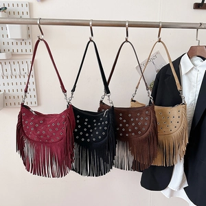 Vintage Faux Suede Fringe Shoulder Bag Women Tassel Hobo Half Moon Metal Eyelets Bohemian Retro Casual
