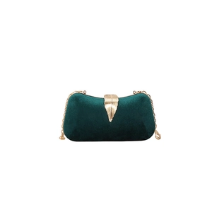 Elegant dark green velvet evening clutch bag with gold leaf clasp and chain strap