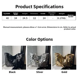 Size chart and dimensions for the sequined tote bag showing black, silver, and gold colors