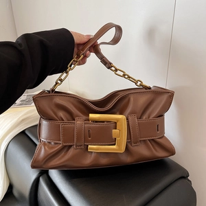 Women Ruched Underarm Bag PU Leather Cloud Design Large Gold Buckle Chain Strap Retro Fashion Handbag