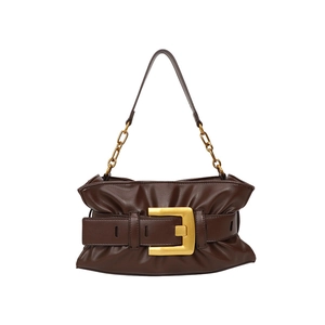 Dark brown pleated cloud shoulder bag with large gold buckle and metal chain strap