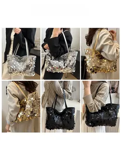 Collage of sequins tote bags in silver, gold and black colors for stylish casual outfits