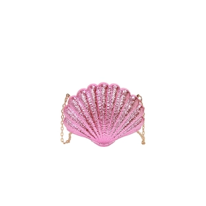 Metallic pink shell clutch bag with gold chain strap, luxury evening purse for women