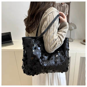 Borsa tote nera con paillettes circolari lucide e design alla moda di grande capacità