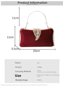 Detailed size specs for burgundy leaf clutch, dimensions 20x11x5.5cm, PU fabric detail