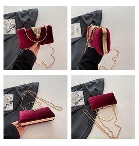 Detail of burgundy velvet clutch with golden leaf clasp and chain strap shown from four angles