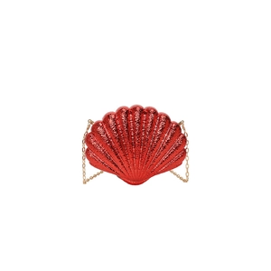 Red shell-shaped evening bag with glitter texture and golden metal chain strap
