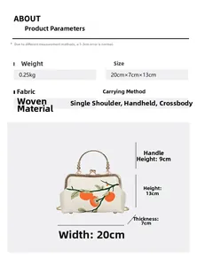 Detailed size specifications for embroidered fabric frame bag with floral pattern