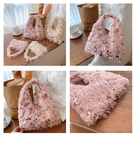 Detail of furry sequined handbag with metal chain in soft pink and beige colors