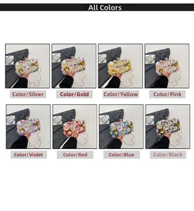 Detailed grid of evening bags showing floral texture, pearls, and crystals in 8 colors