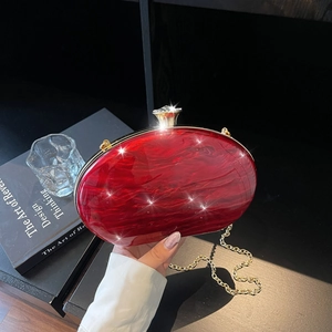 Women Acrylic Evening Clutch Bag Marble Texture Oval Hard Shell Metal Chain Rhinestone Clasp Retro Crossbody Purse