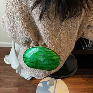 Green marble acrylic evening clutch with gold metal frame and rhinestone clasp for women