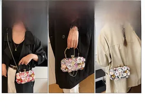 Detailed views of floral evening clutch showing crossbody, handbag and shoulder carrying styles