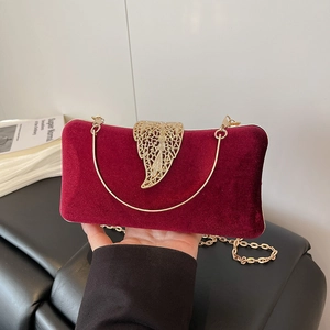 Velvet Evening Clutch Bag Hollow Leaf Metal Clasp Round Handle Detachable Chain For Party Wedding Banquet Elegant Women
