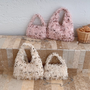 Women Sequin Faux Fur Feather Shoulder Bag Elegant Bucket Handbag With Metal Chain For Party Streetwear Fashion