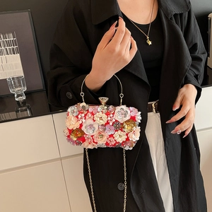 Elegant red evening clutch with 3D floral sequins, gold handle and metal chain strap