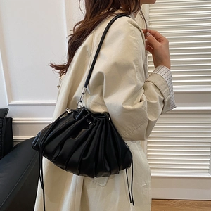 Fashionable black pleated cloud bucket bag with drawstring and silver metal hooks for women