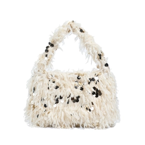 Chic beige faux fur handbag with sparkling sequins and top handle for elegant winter style