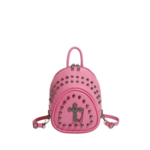 Pink PU leather mini backpack featuring silver studs and gothic cross with chains