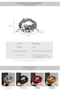 Detailed size chart and specifications for the sequin dumpling bag with dimensions