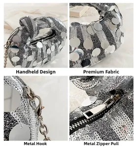 Detail view of silver sequin evening bag showing knot handle and chain hardware