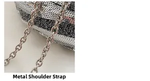 Detail of silver sequin bag featuring a thick metal chain strap and luxury texture