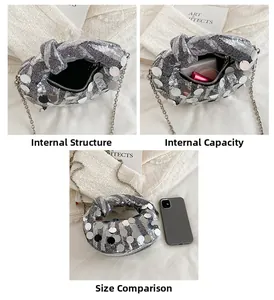 Detail of silver sequin evening bag showing inner zipper pocket and storage capacity