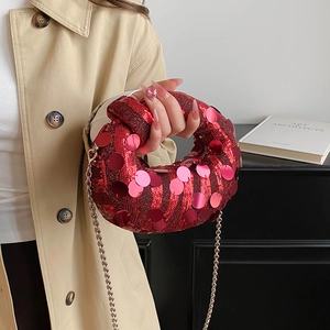 Red sequin knot evening bag with gold chain strap for luxury party style