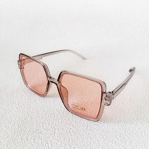 Retro square frame kids sunglasses with transparent tea grey frame and pink UV400 lenses