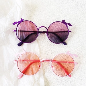Toddler round UV400 sunglasses with cute squirrel ear decorations in pink and purple