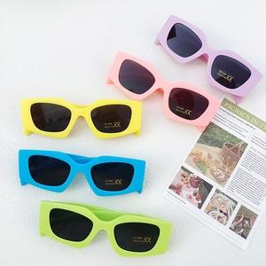 Detail showing five colors of square frame kids sunglasses with UV400 protection