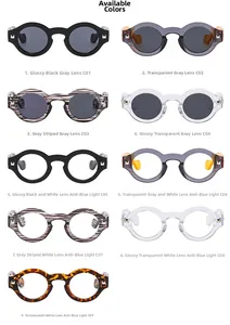 Front view of round retro sunglasses and frames with square metal rivet details