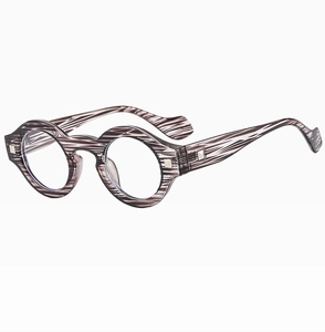 Detailed 45-degree view of retro round eyewear frame with unique wood grain texture