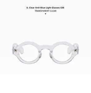 Detail view of round transparent glasses frames with anti-blue light clear lenses C08