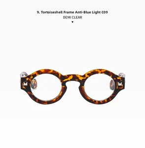Detail view of round demi tortoise frame glasses with square metal rivets and blue light lens