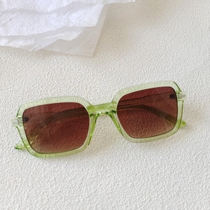 Detail of square light green sunglasses with dark brown gradient lenses and metal rivet hinges
