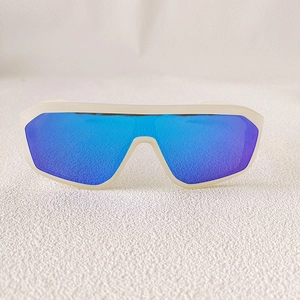Chic oversized cream white wrap-around sunglasses with blue mirrored shield lenses