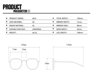 Size guide for oval sunglasses with frame measurements 150mm width and 148mm temple