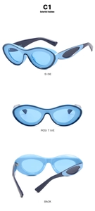 Detailed three-way view of oval blue sunglasses showing side, positive, and back angles