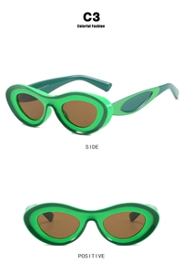 Dual-tone green oval sunglasses with brown lenses shown from front and side view