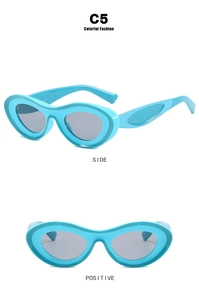 Dual view of bright blue cat-eye sunglasses with thick oval frames and grey lenses
