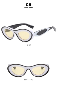 Front and side views of retro oval sunglasses with black and white two-tone frames