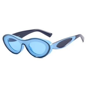 Oval Y2K sunglasses with light blue translucent frames and dark blue contrasting temples